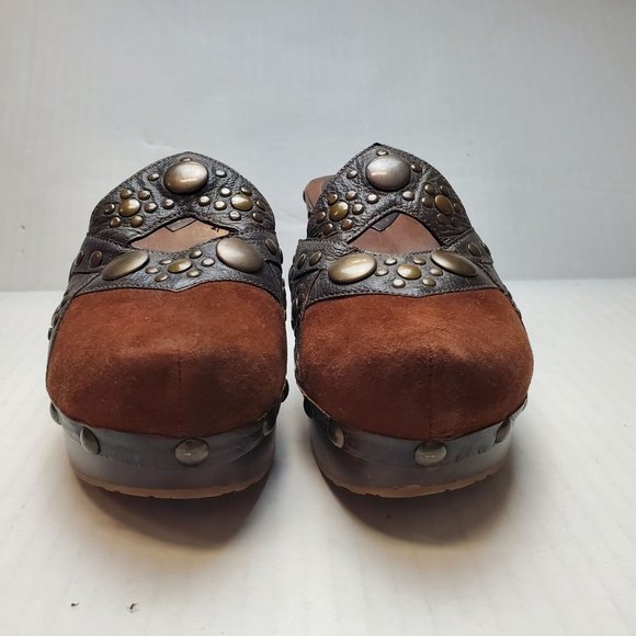 Bridget Shuster Women's Brown Suede Leather Bronze Studded Chunky Wooden Clog - Picture 2 of 16